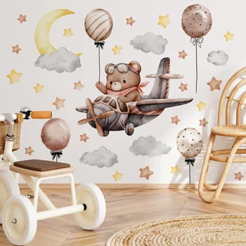 Наклейки на стену в виде самолета с медведем Для детей Украшение детской комнаты, Декоративный Мультяшный декор для домашнего интерьера, наклейки для детского творчества