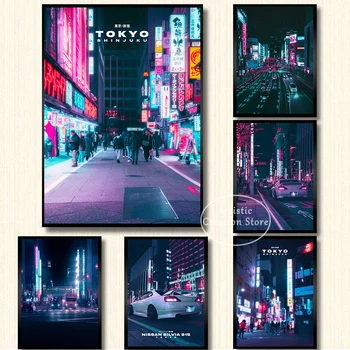 Плакат с Ночным Уличным Пейзажем в стиле Киберпанк Токио Эстетическая Японская Живопись на холсте, Настенная картина, Декор бара, Кофейни