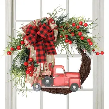 Рождественский венок с красным грузовиком Креативный венок для входной двери с большим бантом Дверные украшения для перил передних дверей крыльца